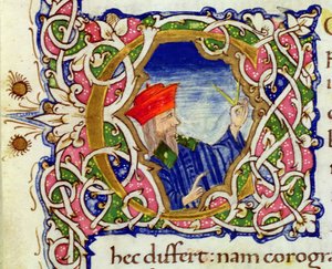 Ms Lat 463 fol.21r Historyczny inicjał „C” z portretem Ptolemeusza (ok. 90-168) z Mapy Świata