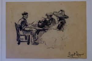 postacie siedzące, Narcís Puget Riquer, rysunek węglem, muzeum Puget, szlachecki dom Can LLaudis, Dalt Vila, Ibiza, Baleary, Hiszpania