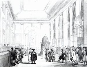 د انګلستان بانک، لوی تالار، د اکرمن د لندن مایکروکوزم څخه، 1809 (ایکواټینټ) پولی autorstwa Pugin and Rowlandson