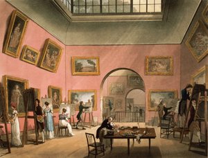 Studenci uczący się malowania i kopiowania obrazów w brytyjskim Instytucie Pall Mall z „Mikrokosmosu Londynu” Ackermanna, 1808 (akwaforta z wc)
