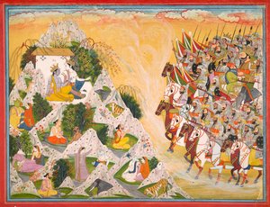 Armia Jarasandhy zbliża się do Kryszny i Balaramy, folio z Mahabharaty, ok. 1800-1815 autorstwa Purkhu of Kangra