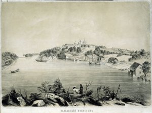 Klasztor Valaam (lub Valamo) na wyspie Valaam na jeziorze Lagoda (Rosja) (klasztor Valaam na wyspie Valaam na jeziorze Lagoda). Rysunek Piotra Fiodorowicza Borela (1829-1898). Litografia, 53,3 x 70,5 cm