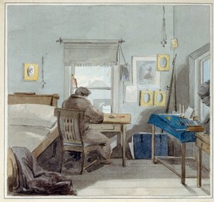 W pracy. W domu Pavla Nashchokin (1801-?) (Moskwa). (W pracy. W domu Pawła Nashchokina). Dzieło Piotra (Piotra) Fiodorowicza Sokolova (Pierre Sokolov) (1791-1848), akwarela na papierze autorstwa Pyotr Fyodorovich Sokolov