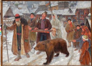 „Pieśń skomorochów” (Pieśń skomorochów) Wędrowni wykonawcy, poskramiacze niedźwiedzi w Rosji Obraz Piotra Iwanowicza Subbotina (Permyak) (1886-1923) autorstwa Pyotr Ivanovich Subbotin