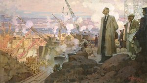 Maksym Gorki (1868-1936) na budowie elektrowni wodnej "DnieproGES autorstwa Pyotr Ivanovich Kotov