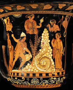 Krater z czerwonymi figurami: Król Kadmos, amfora w jednej ręce, rzuca kamieniami w smoka ... autorstwa Python Python