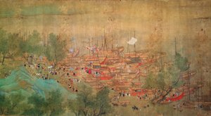 Wycieczka cesarza Kang Shi po Kiang-Han w 1699, po Chaio Ping Chen (1661-1722) (tusz i kolor na papierze z jedwabiem) autorstwa Qing Dynasty Chinese School