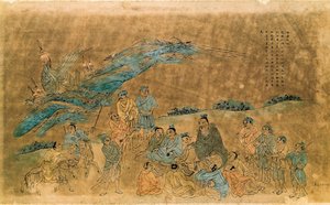Chiński filozof Konfucjusz (Kong Fu Zi) (551-479 pne) otacza swoich uczniów (akwarela) autorstwa Qing Dynasty Chinese School