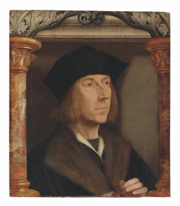 Portret dżentelmena, do biustu, w płaszczu podszytym futrem, odmawiający różaniec, osadzony w architektonicznej oprawie (olej na desce) autorstwa Quentin Massys or Metsys