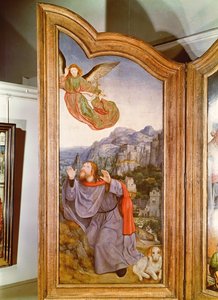 Święte Pokrewieństwo lub Ołtarz św. Anny, szczegół lewego panelu przedstawiający Zwiastowanie Joachimowi, 1509 autorstwa Quentin Massys or Metsys