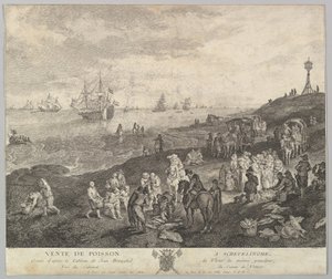 Sprzedawanie ryb w Scheveningen Vente de Poisson a Schevelinghe [sic] po obrazie w.... autorstwa Quentin Pierre Chedel