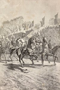Wejście szefów sztabów na plac apelowy, uroczystości z okazji wizyty następcy tronu Niemiec (przyszłego Fryderyka III) w Rzymie we Włoszech, rycina z rysunku Quinto Cenniego, z L
