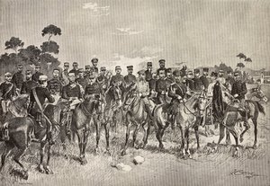 Oficerowie armii obcych odwiedzający włoskich żołnierzy w Lombardii we Włoszech, rycina z rysunku Quinto Cenni, z L