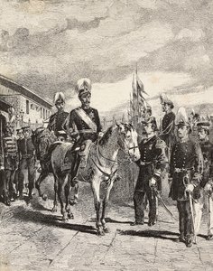Armia japońska: żołnierze piechoty, szefowie sztabów, generał dywizji, kawaleria, wiceadmirał, kapitan piechoty, strzelec, Japonia, rycina z rysunku Quinto Cenniego, z L