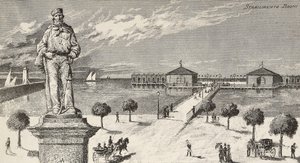 Pomnik ku pamięci Giuseppe Garibaldiego (1807-1882), włoskiego polityka i patrioty, a w tle zakład kąpielowy, Cesenatico, Włochy autorstwa Quinto Cenni