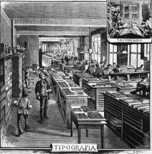 Biura braci Treves, typografia i nakładanie, Mediolan, Włochy, ilustracja Quinto Cenni (1845-1917) z L