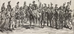 Armia Piemontu w 1859 r.: piechota, artylerzysta, inżynierowie, grenadierzy, oficerowie, generałowie, włócznicy, kawalerzyści, strzelec, rycina z rysunku Quinto Cenni, z L