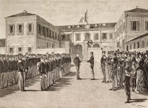 Książę Vittorio Emanuele (1870-1946), hrabia Turynu, nadaje stopnie kadetom akademii wojskowej w Mediolanie we Włoszech, 14 marca autorstwa Quinto Cenni