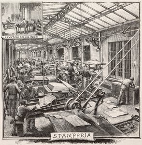 Drukarnia w wydawnictwie Fratelli Treves, Mediolan, Włochy, rycina z rysunku Quinto Cenniego, z L