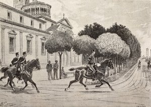 Żołnierze na koniach przechodzący przed Sanktuarium Beata Vergine dei Miracoli, Saronno, Włochy, rycina z rysunku Quinto Cenni, z L