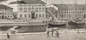 Ratusz i kanał portowy, Cesenatico, Włochy, rycina z rysunku Quinto Cenniego i szkicu Ulisse Topi, z L