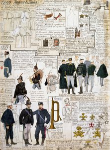Mundury Królestwa Włoch 1896 - 1897, tablica z Cenni Codex, zbiór szkiców wojskowych akwarelą autorstwa Quinto Cenni