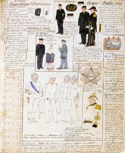 Mundury Królestwa Włoch 1886, tablica z Cenni Codex, zbiór szkiców wojskowych akwarelą autorstwa Quinto Cenni