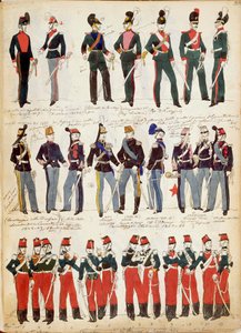 Różne włoskie mundury w powszechnym użyciu około 1860 roku przez Quinto Cenni, kolorowa płyta