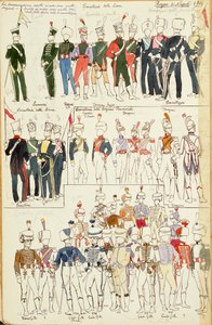 Różne mundury Królestwa Neapolu z 1814 r. Kolorowa tabliczka autorstwa Cenni Quinto autorstwa Quinto Cenni
