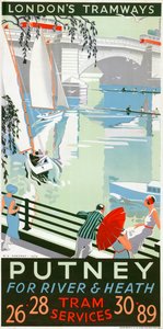 „Putney, dla rzeki i Heath”, plakat London County Council LCC Tramways, 1932 autorstwa RF Fordred