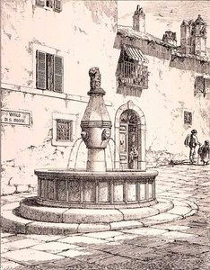 Fontanna Vicolo di S. Rocco, Viterbo, Włochy, z „Przykłady architektury miejskiej, handlowej i ulicznej Francji i Włoch od XII do XV wieku”, wyd. przez W.Mackenzie
