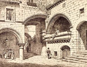 Część Piazza San Pellegrino, Viterbo, Włochy, z „Przykłady architektury miejskiej, handlowej i ulicznej Francji i Włoch od XII do XV wieku, wyd. przez W.Mackenzie