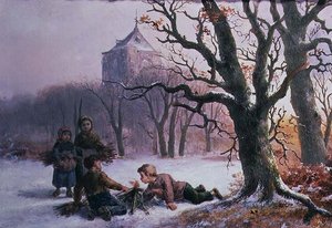 Dzieci bawiące się na śniegu autorstwa R. Favelle