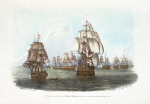 HMS "Victory" i "Euryalus" podczas bitwy pod Trafalgarem, kiedy z francuskiego okrętu admiralskiego wystrzelono pierwsze działo (kolorowa litografia) autorstwa R. H. Nimmo