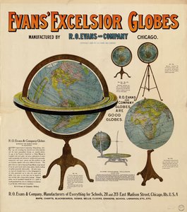 Plakat reklamowy globusów zawiera reprezentacje 5 globusów i tekst opisowy autorstwa R. O. Evans And Company