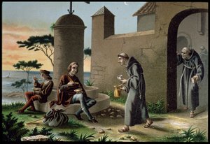 Przybycie Krzysztofa Kolumba (1451-1506) z synem do klasztoru la Rabida, z książki Odkrycie Ameryki, wydanej w Barcelonie w 1878 r. (kolor lito) autorstwa R. Puiggari