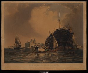 Dreadnought 104 działa, okręt szpitalny dla marynarzy wszystkich narodów, zacumowany w Tamizie u wybrzeży Greenwich, 20 czerwca 1831 r. autorstwa R. W. Price
