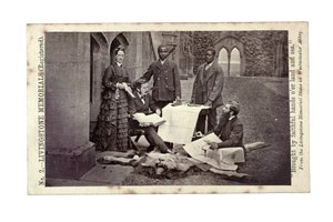 Tom i Agnes Livingstone, Abdullah Susi, James Chuma i Horace Waller, Newstead Abbey, Anglia, czerwiec 1874 (druk albumowy) autorstwa R. and Son Allen