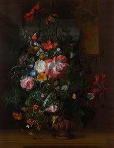 Róże, powój, maki i inne kwiaty w urnie na kamiennej półce autorstwa Rachel Ruysch