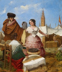 Zaloty na stoisku cukierniczym w kształcie pierścienia na targach w Sewilli - Benjumea, Rafael (ok. 1825-ok. 1887) - 1852 - Olej na płótnie - 35x30 - Museo Carmen Thyssen, Malaga autorstwa Rafael Benjumea