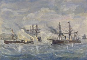 Bitwa morska między peruwiańskim statkiem „Huascar” a chilijskim „Blanco Encalada” i „Cochrane” w 1879 r.