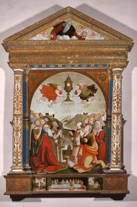 Ołtarz Adoracji Najświętszego Sakramentu, w predelli: Ostatnia Wieczerza, święty Sebastian i święty Roch autorstwa Raffaele De (fl.1514 1573) Pancalino
