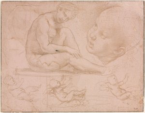 Studia siedzącej samicy, głowa dziecka i trzy studia dziecka, c. 1507-8. autorstwa Raffaello Sanzio Raphael