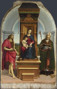 Madonna z Dzieciątkiem ze św. Janem Chrzcicielem i św. Mikołajem z Bari Madonna Ansidei, 1505 autorstwa Raffaello Sanzio Raphael