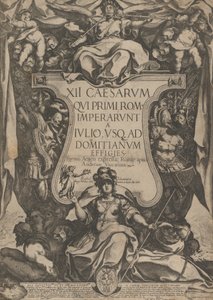 Frontyspis z trąbkami grającymi na trąbce osadzonymi na kartuszu flankowanym przez tr..., 1606.
