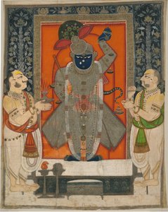 Kapłani czczący Krysznę jako Shrinathji na festiwal Mountain of Food [Annakuta utsava]; wiszące kapliczki [pichhavai] autorstwa Rajasthan Kota school