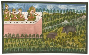 Obraz przedstawiający Maharana Jawan Singha (1821-38) polującego na dziki