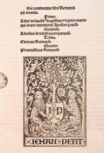 Strona kodeksu „De Laudibus Beatissimae Virginis Mariae” Ramona Llulla (1235-1315), przedstawiająca dwa lwy trzymające herb drukarza Jehana Petita autorstwa Ramon Llull