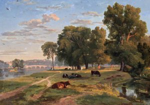 Thames w Richmond z banku Middlesex, patrząc w kierunku mostu