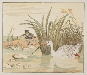 Kaczka w kolorze lilii przyszła i połknęła go, z The Hey Diddle Diddle Picture Book, pub.1882 (kolor grawerowany) autorstwa Randolph Caldecott